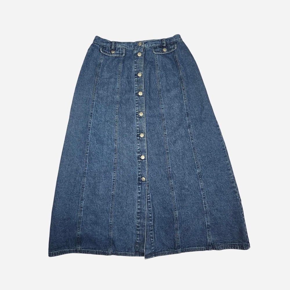 VTG 90s maxi button-down denim jean skirt / M 8 / cotton / cottage, granny
